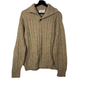 Brown Tan Sweater Jantzen Vintage Cable Knit Medium Collar Woven Button Prep 70s